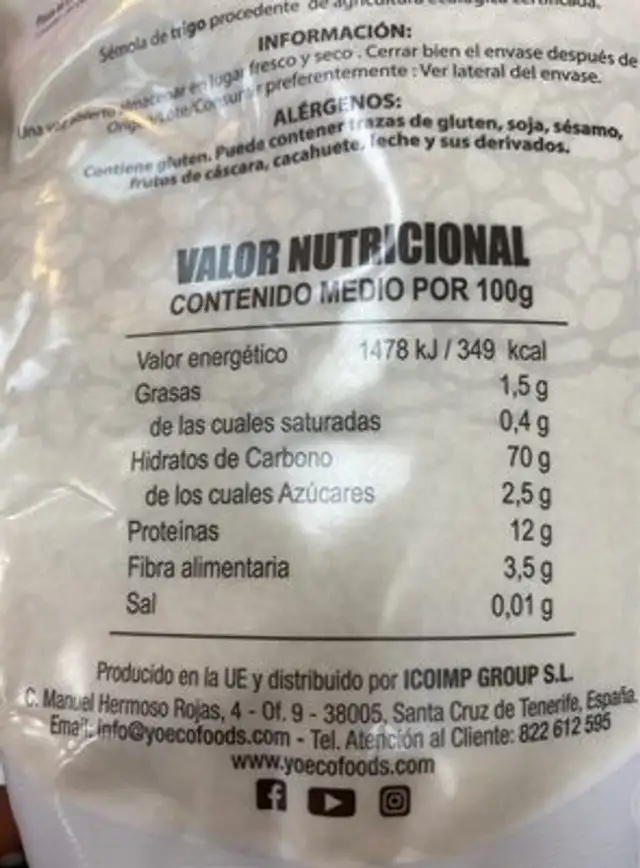 Cuscús blanco nutrition facts table
