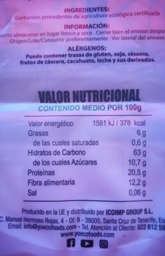 Garbanzos Ecologicos nutrition facts table