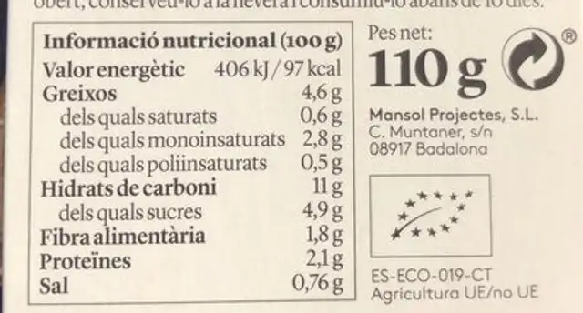 Pate de Pimiento Rojo nutrition facts table