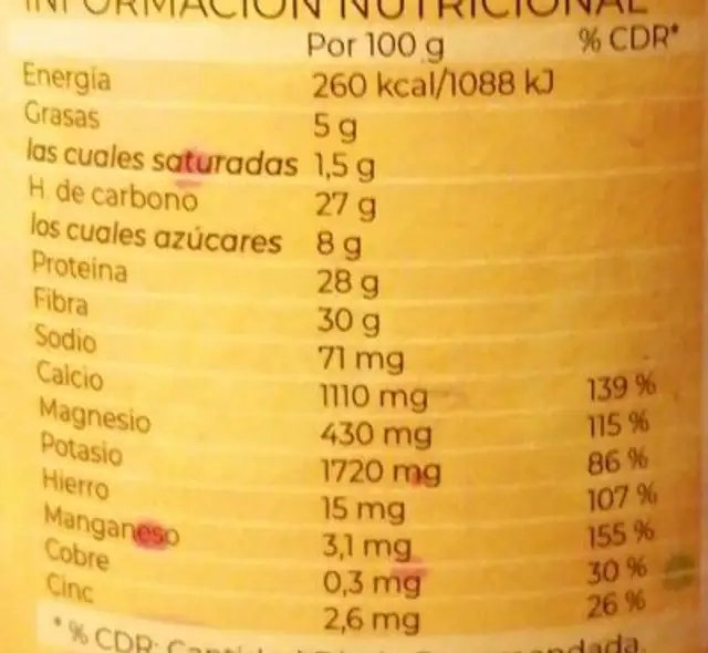MoringaSmile nutrition facts table