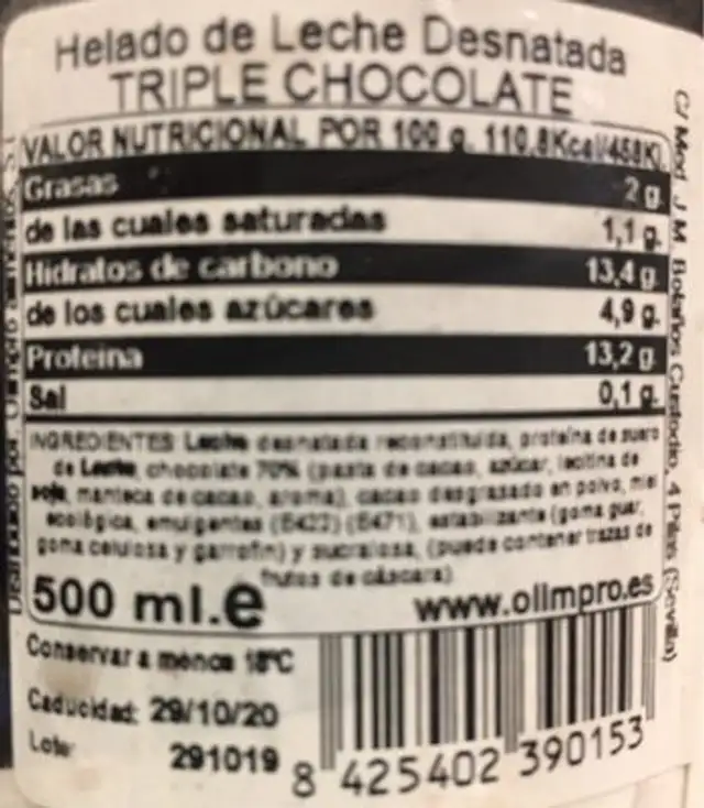 Whey Ice nutrition facts table