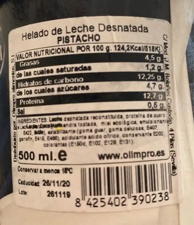 Helado whey ice nutrition facts table