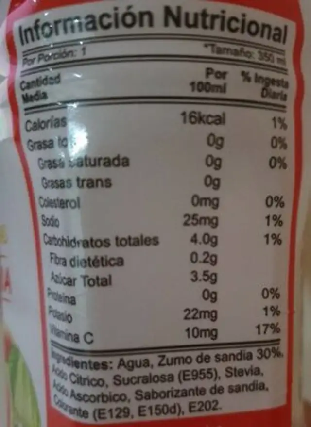 Bebida sin gas nutrition facts table