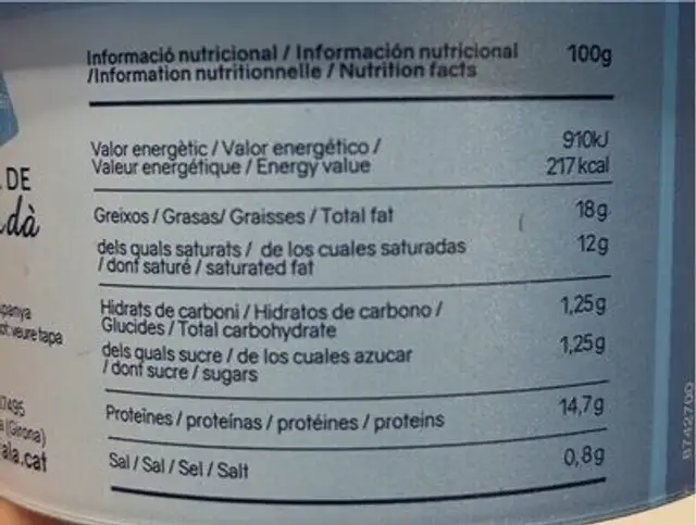 Burrata catalana nutrition facts table
