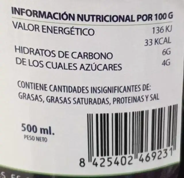 Zumo Natural de Arándanos nutrition facts table