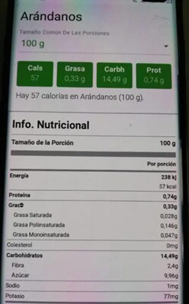Arándanos Toucedo nutrition facts table