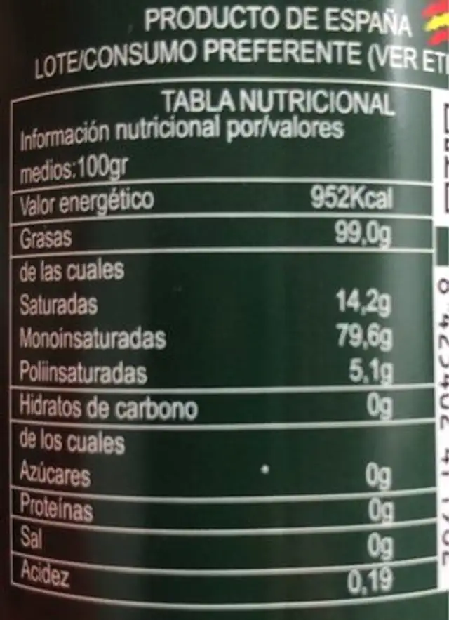 Aceite de oliva virgen extra. nutrition facts table