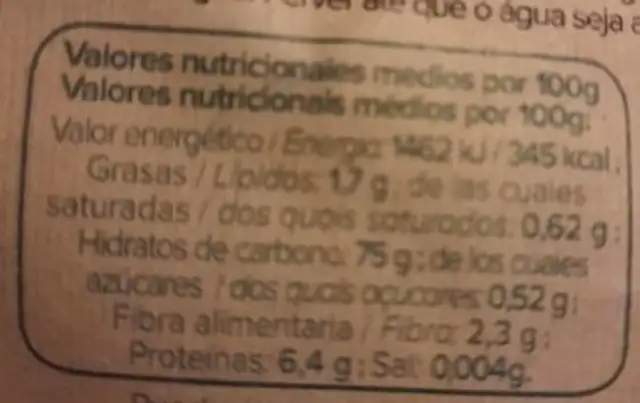 Trigo sarraceno nutrition facts table