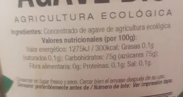 Sirope de Agave Bio nutrition facts table