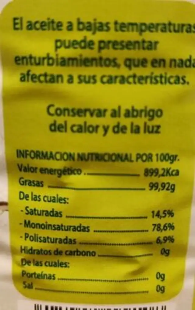 Aceite de oliva virgen extra nutrition facts table