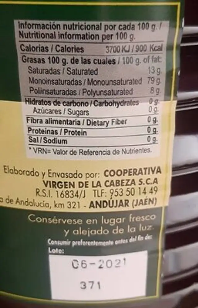 Aceite de oliva virgen extra nutrition facts table