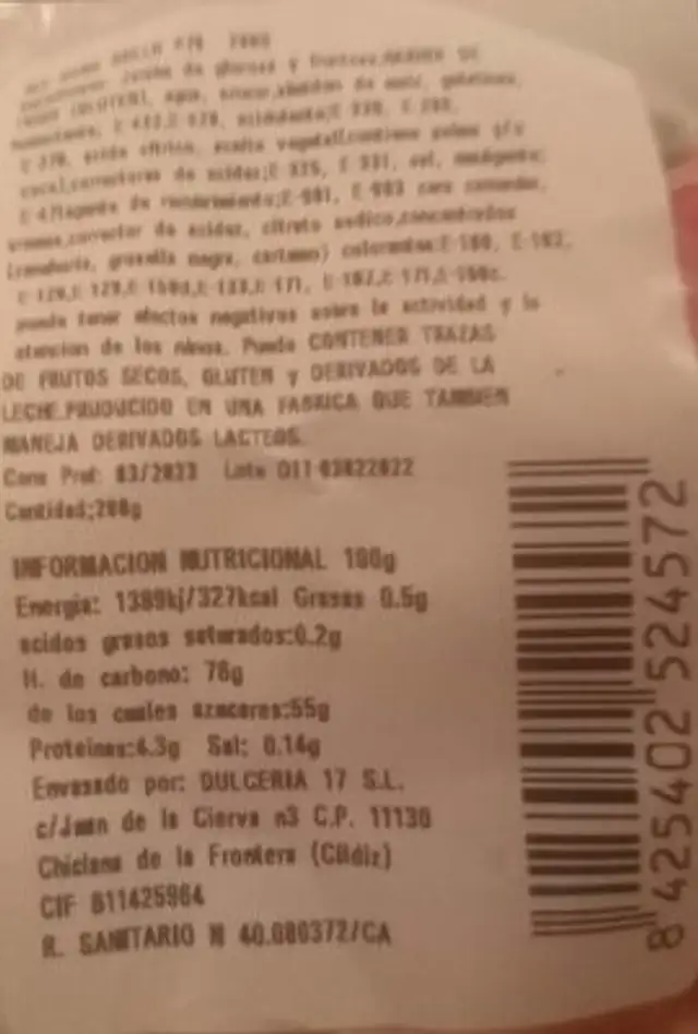 Gominolas nutrition facts table