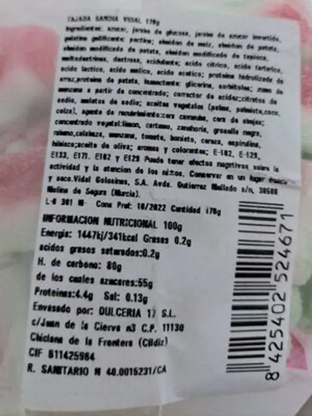 Sandía Vidal nutrition facts table