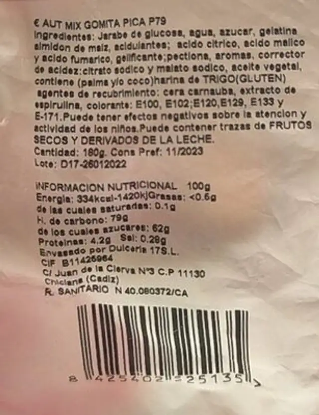 Gominolas nutrition facts table