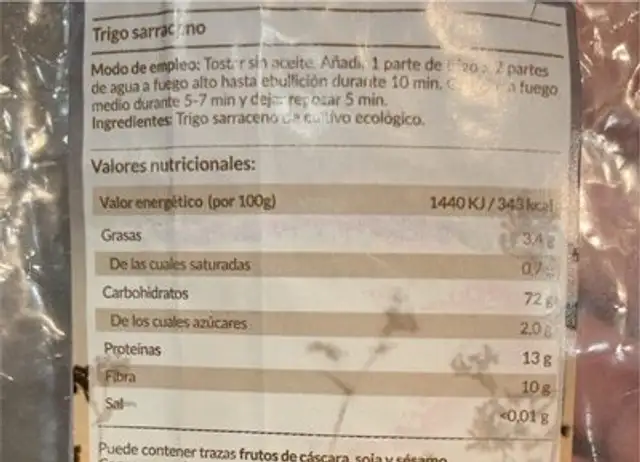 Trigo Sarraceno sin gluten nutrition facts table