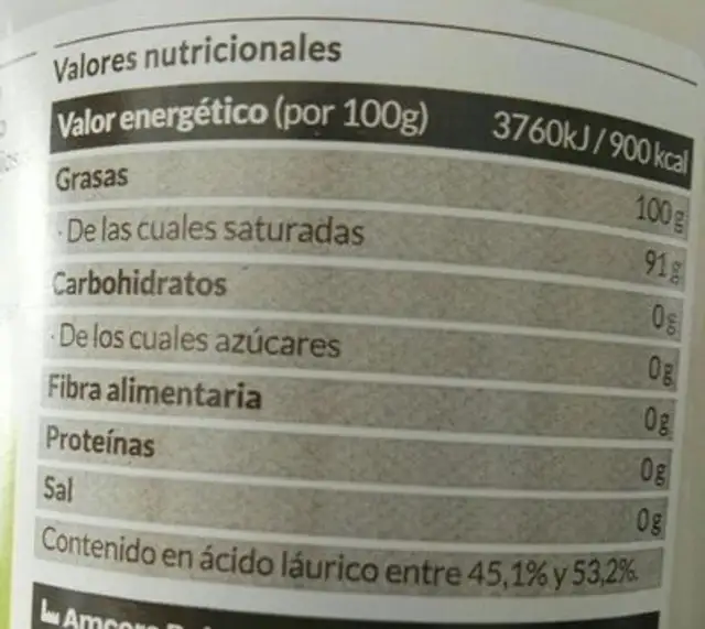 Aceite de coco nutrition facts table