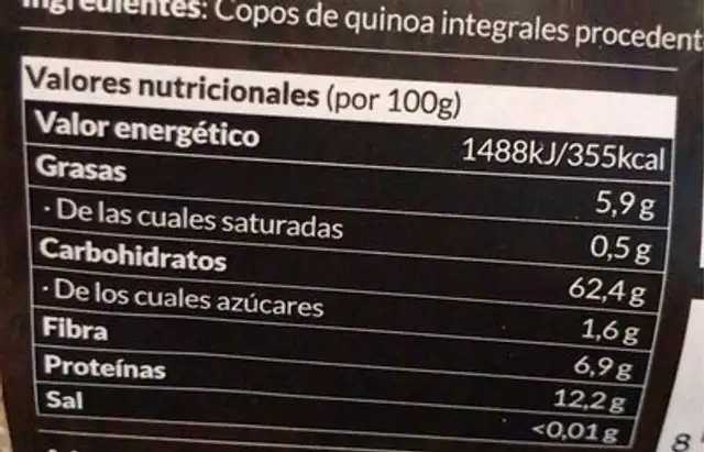 Copos de quinoa nutrition facts table