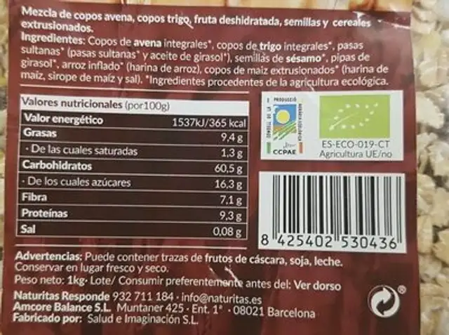 MUESLI BASE VEGANO nutrition facts table
