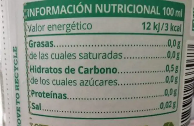 Jugo de Aloe Vera nutrition facts table