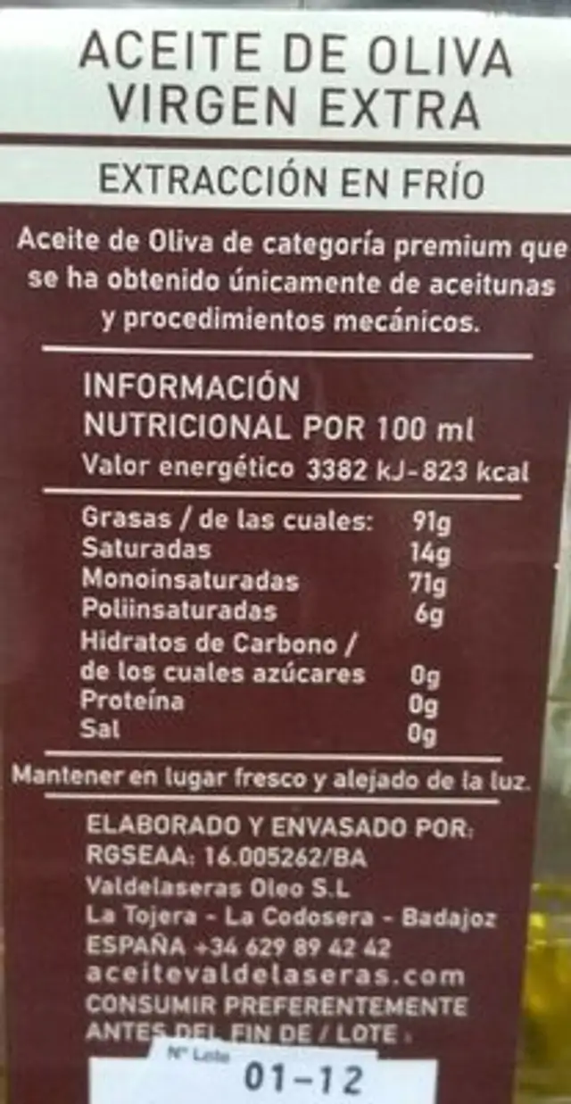Aceite nutrition facts table