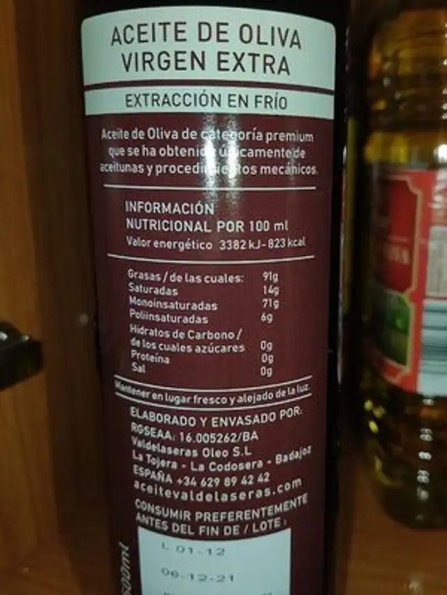 Aceite de oliva virgen extra nutrition facts table