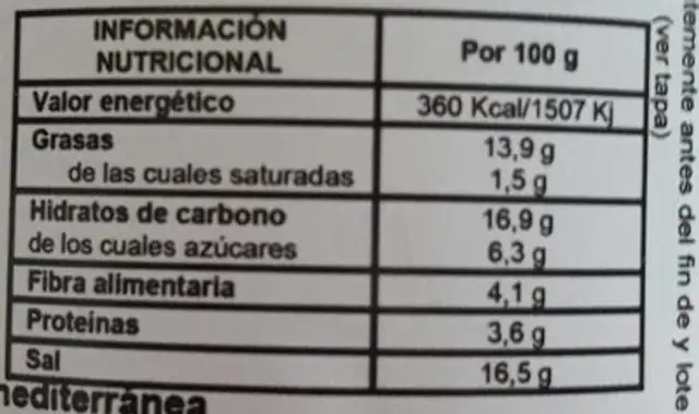 Concentrado para paellas nutrition facts table