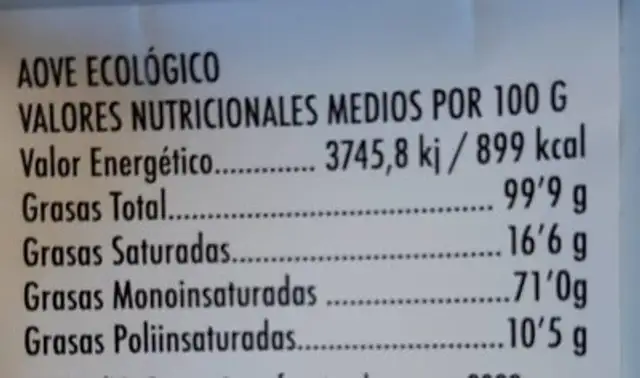 ACEITE OLIVA nutrition facts table