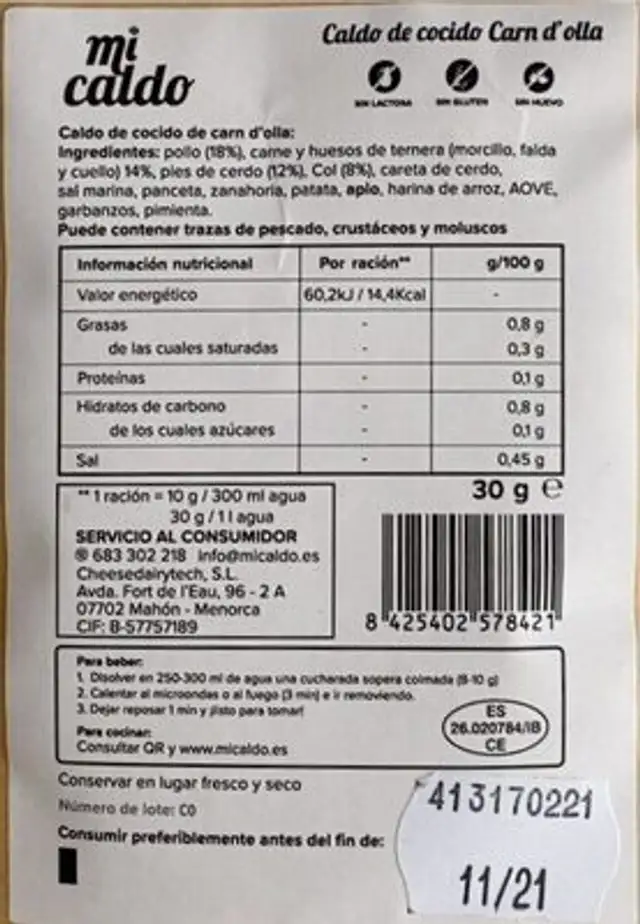 Caldo de cocido Carn d’olla nutrition facts table