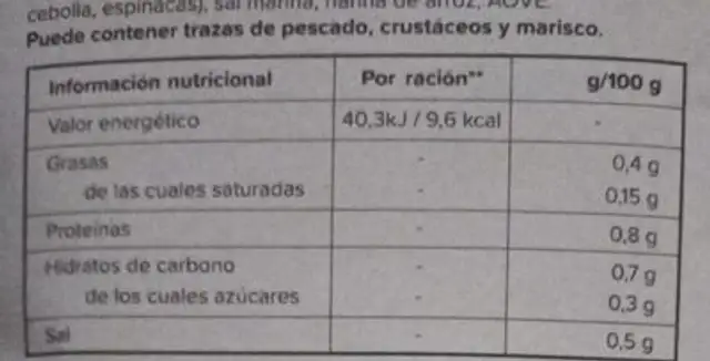 Caldo de verduras nutrition facts table