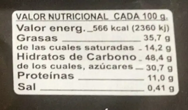 Almendrados nutrition facts table