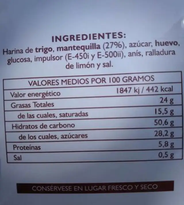 Sobaos y quesadas nutrition facts table