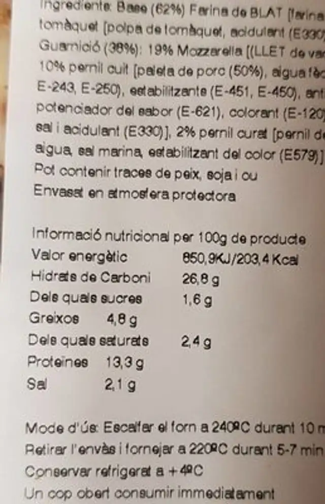 PIZZA REGINA nutrition facts table