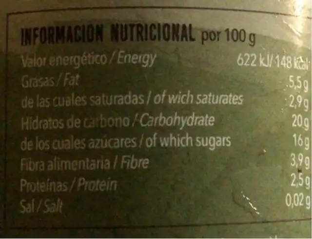 Helado nutrition facts table