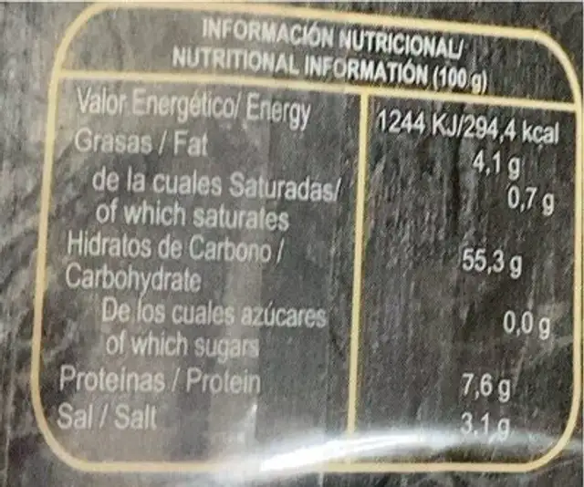 Mollete tradicional nutrition facts table