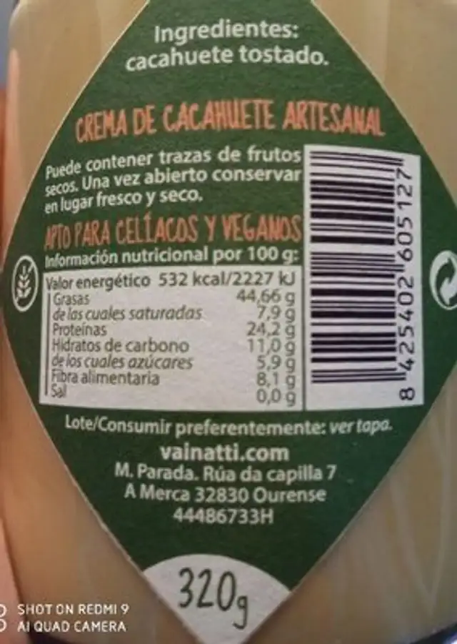 Crema de Cacahuate nutrition facts table