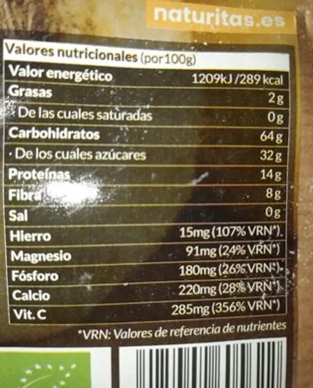 Maca nutrition facts table