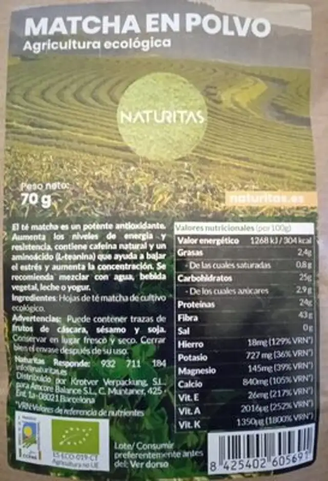 MATCHA EN POLVO nutrition facts table