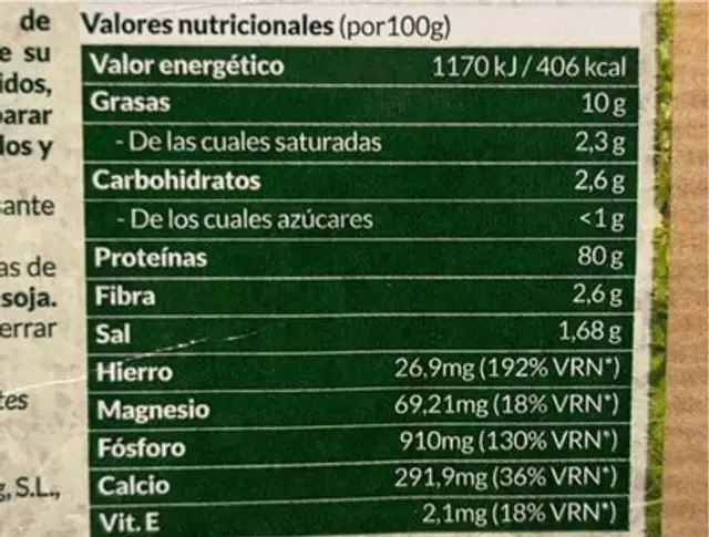 Proteína de guisante en polvo nutrition facts table
