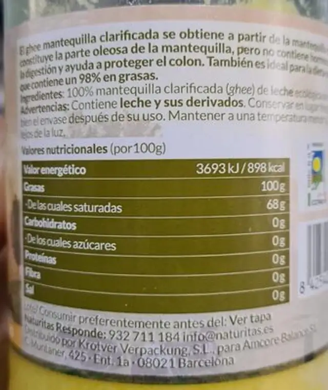Ghee mantequilla clarificada nutrition facts table