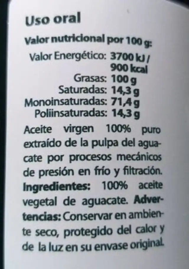 Aguacate aceite vegetal nutrition facts table