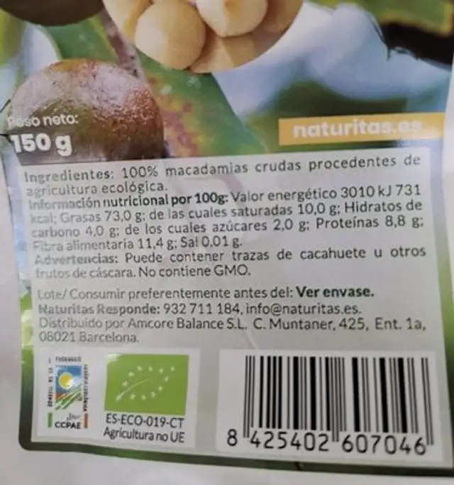 Nueces de Macadamia nutrition facts table