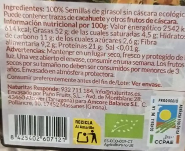 Semillas de girasol tostadas nutrition facts table