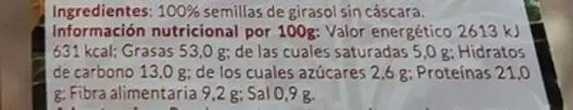 Semillas de girasol tostadas nutrition facts table