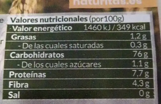 Harina de arroz integral sin gluten nutrition facts table