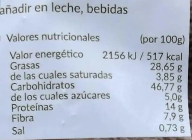 Natur Granola nutrition facts table