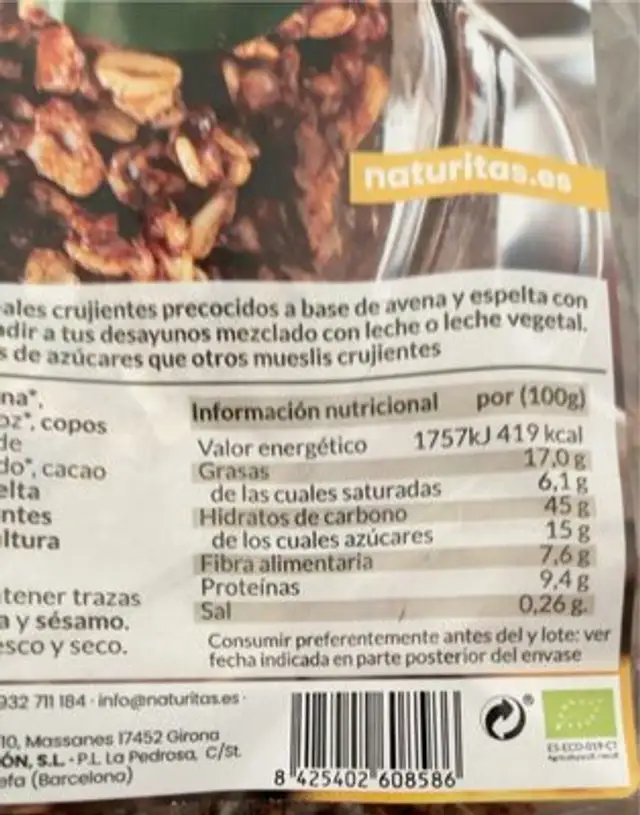 Muesli crunchy chocolate nutrition facts table