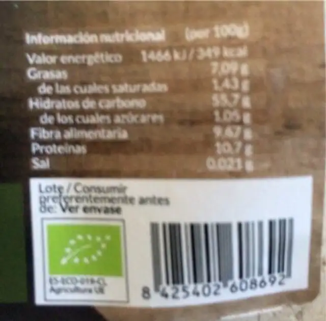 Harina de avena integral bio nutrition facts table