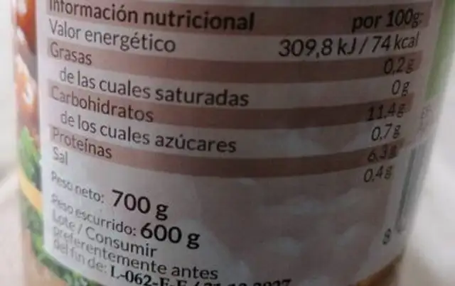 Lentejas cocidas nutrition facts table