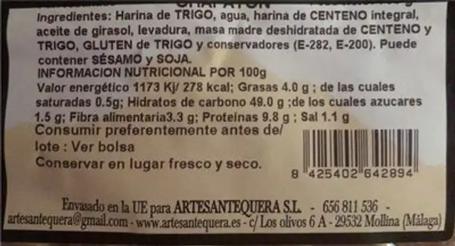Pain artisanal nutrition facts table
