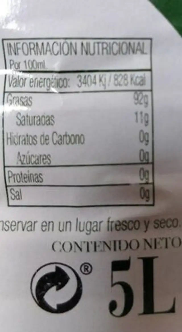 Aceite de oliva virgen extra nutrition facts table